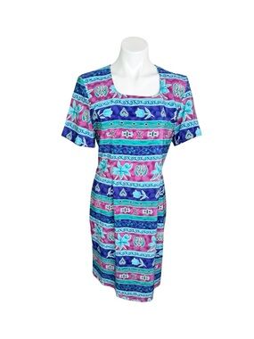 Vintage 90s Sag Harbor Dress Blue Green Floral Short Sleeve Midi Shift S/M